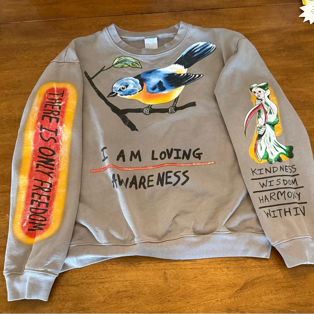 Gray Graphic Sweatshirt with Bird Design I am loving awareness